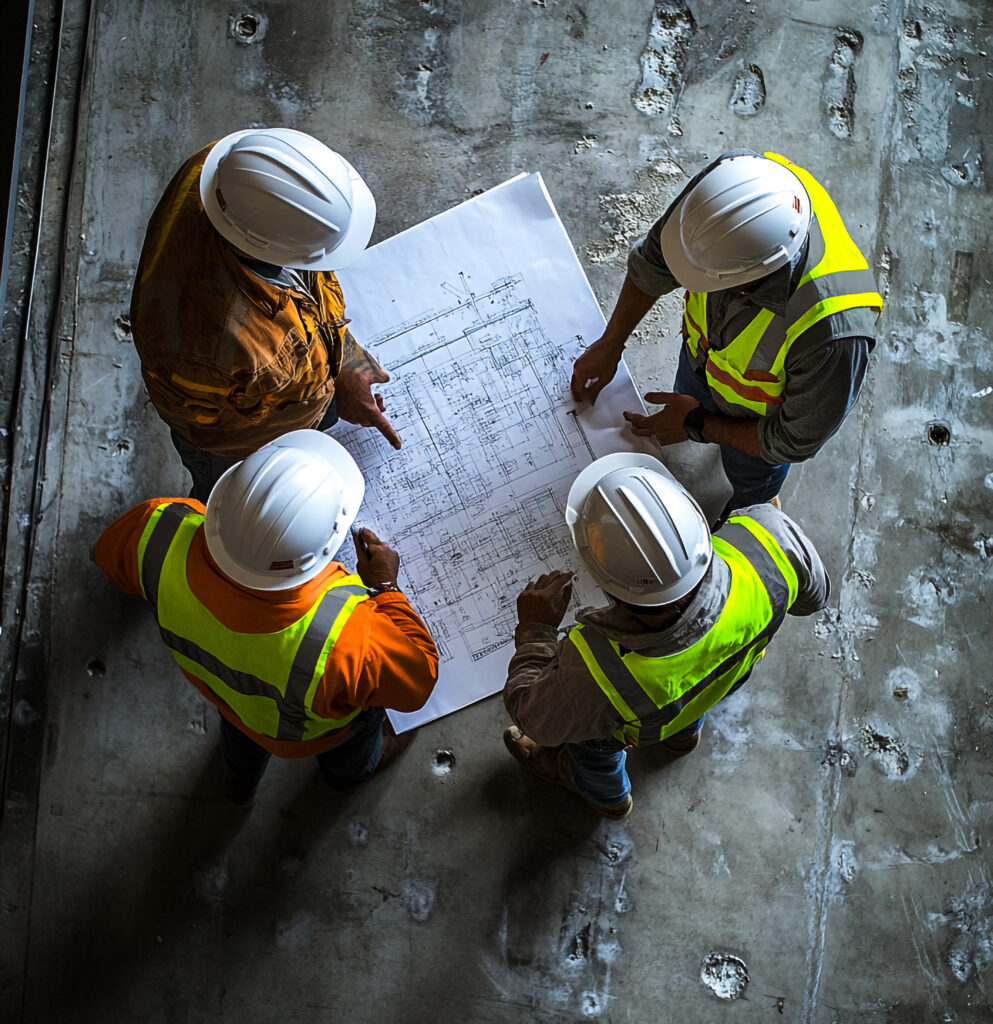 Diverse team of engineers and construction workers collaborating on project plans
