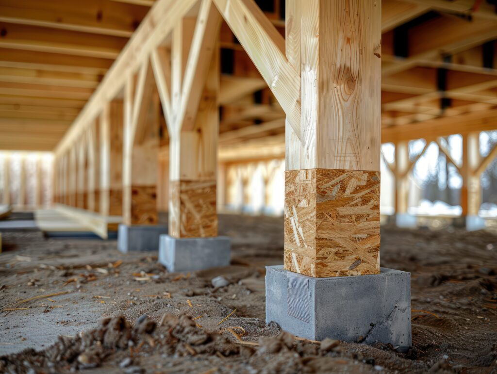 Construction site with wooden supports secured within building framework